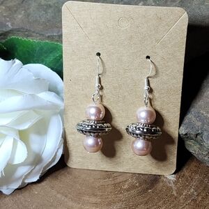 Hand Crafted Dangle Hook Earrings With Faux Pink Pearls and Silver Accents